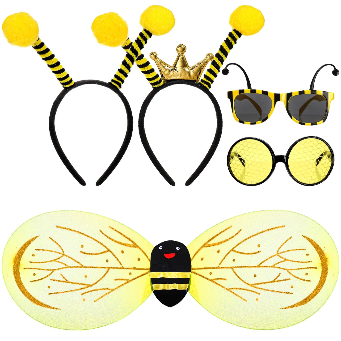 Eorbow 5 Pack Bee Costume Set  Bee Wings with 2 Antenna Headbands and 2 Glasses  Bees Outfit for Men  Women  Bees Dress Up Accessories for Birthday  Halloween  Cosplay Party  Yellow