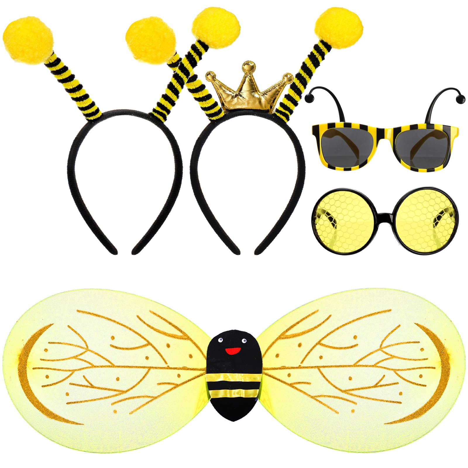 Eorbow 5 Pack Bee Costume Set  Bee Wings with 2 Antenna Headbands and 2 Glasses  Bees Outfit for Men  Women  Bees Dress Up Accessories for Birthday  Halloween  Cosplay Party  Yellow