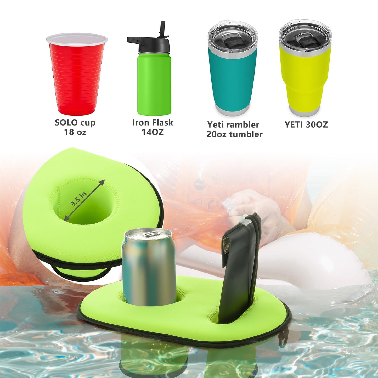Xxerciz Neoprene Floating Drink Holder - Green Beverage Float for Cell Phone, Tumblers, 11.8x8.3x3.8 Inches, Perfect for Pool Parties