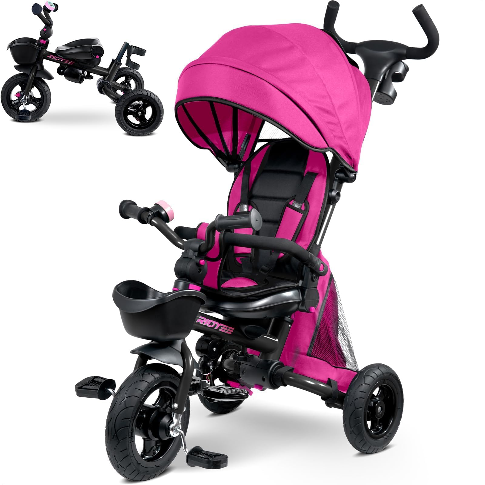 RIDYEE 7-in-1 Toddler Tricycle for 18 Months to 5 Years, Trike for Toddlers with Rotatable Seat, All-Terrian Rubber Tire, Double