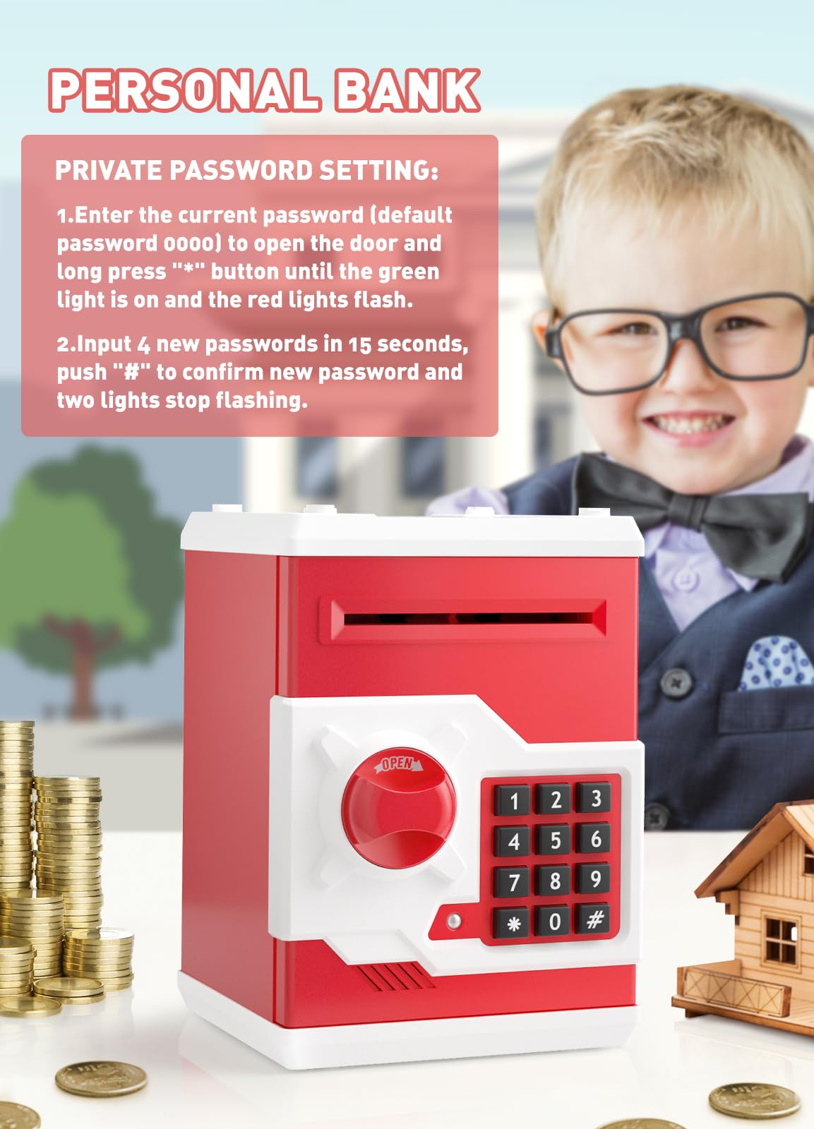 Piggy Bank For Girls Boys Large Electronic Money Coin Banks With Password Protection, Automatic Paper Money Scroll Saving Box, Great Gift For Kids (Red-White)