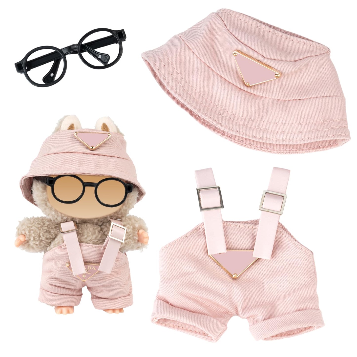Clothes for Labubu(NO Doll) - Hat & Overalls Set for Labubu for LABUBU 17CM Dolls  Handcrafted Crochet Clothes Set  enhanced Fashion Cute Outfit for Dress Up  Play & Collector Display (Pink)
