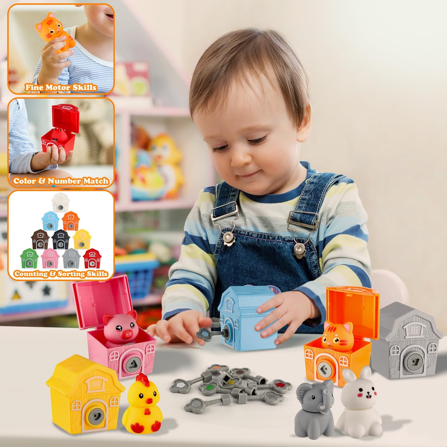 Grarain Animal Toys For Toddlers,Little People Farm,30 Piece Farm Animal Toys,10 Farm Animals And 10 Barns,10 Keys,Montessori Co