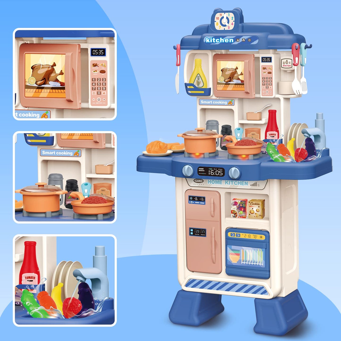 deAO Kids Kitchen Playset 35PCS Play Kitchen Toys Accessories with Sounds Lights,Cooking Stove Steam,Pretend Play for Toddler Ag