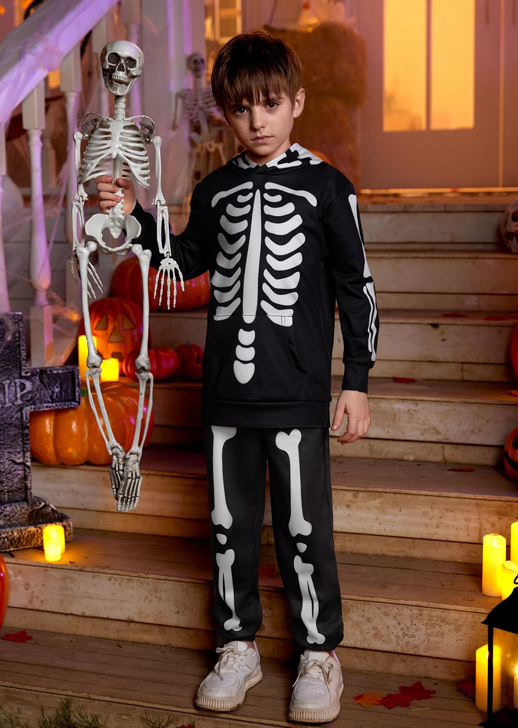 Halloween Boys Girls Black Skeleton Bone Hooded Skull Sweatshirt Set With Kangaroo Pocket 10 Years