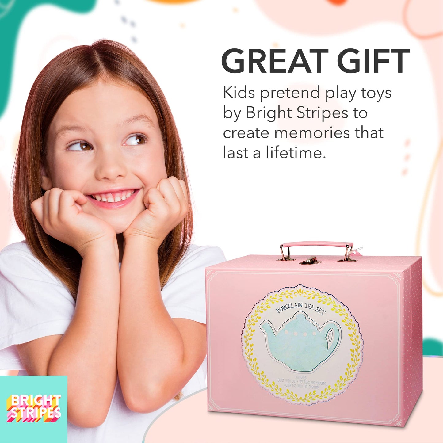 Bright Stripes 13 Piece Porcelain Tea Set for Little Kids, Kids Pretend Play Toys with Carry Case for Tea Party Fun, Perfect for