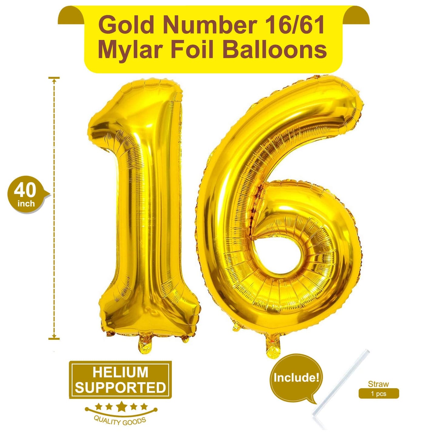LHOAVWE 40 Inch Gold 16 Mylar Balloons - Jumbo Foil Number for 16th/61st Birthday Party Decorations