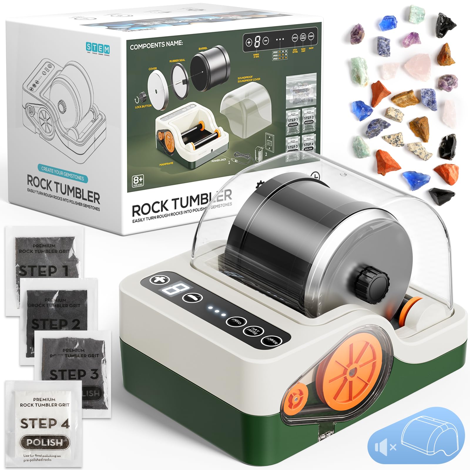 Hoperock Ultra Quiet Rock Tumbler Kit, Rock Polisher With Noise Reduction Cover For Kids, Adults & Rock Collector, 3-Speed Motor & 9-Day Timer, Great Stem Science Kit Gift For All Age, Boys Girls Toys