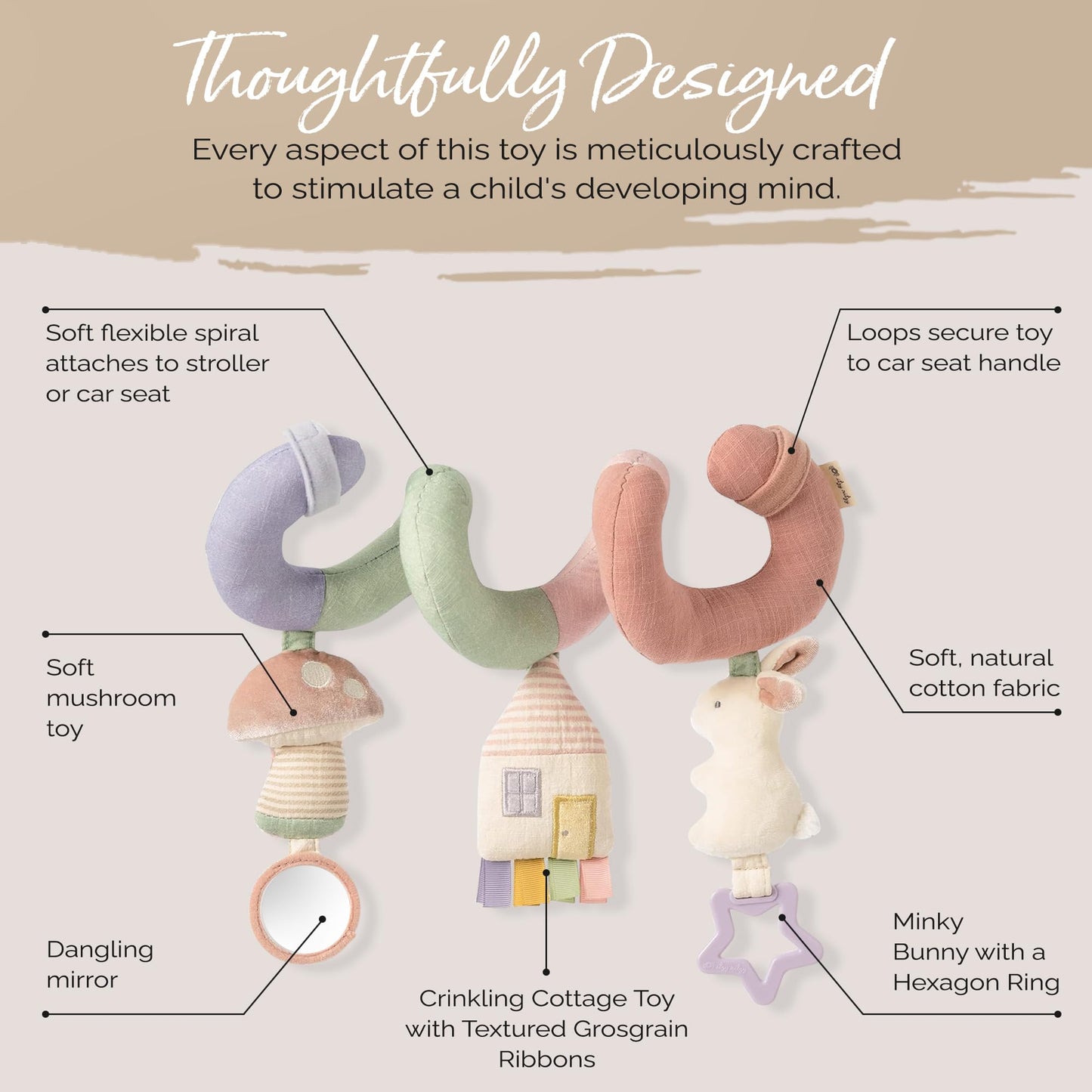 Itzy Ritzy Spiral Car Seat & Stroller Activity Toy - Stroller & Car Seat Toys For Ages 0 Months And Up - Hanging Toys Include Dangling Ring, Mirror And Textured Ribbons (Pastel Rainbow)