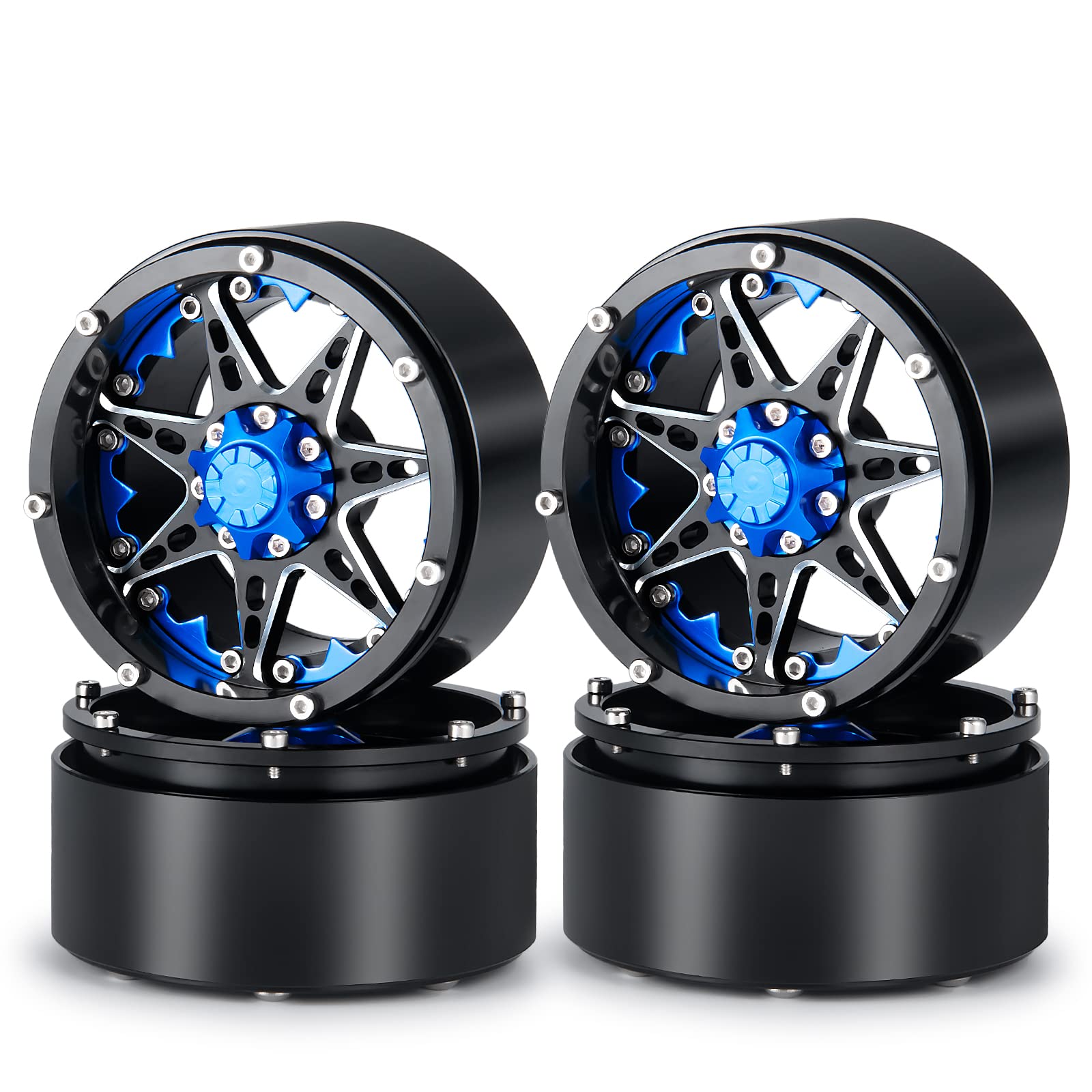 QUE-T 2.2'' Metal Beadlock Wheel Rims Set for RC 1/10 Crawler TRX4 SCX10 90046 Pack of 4 (Blue & Black)
