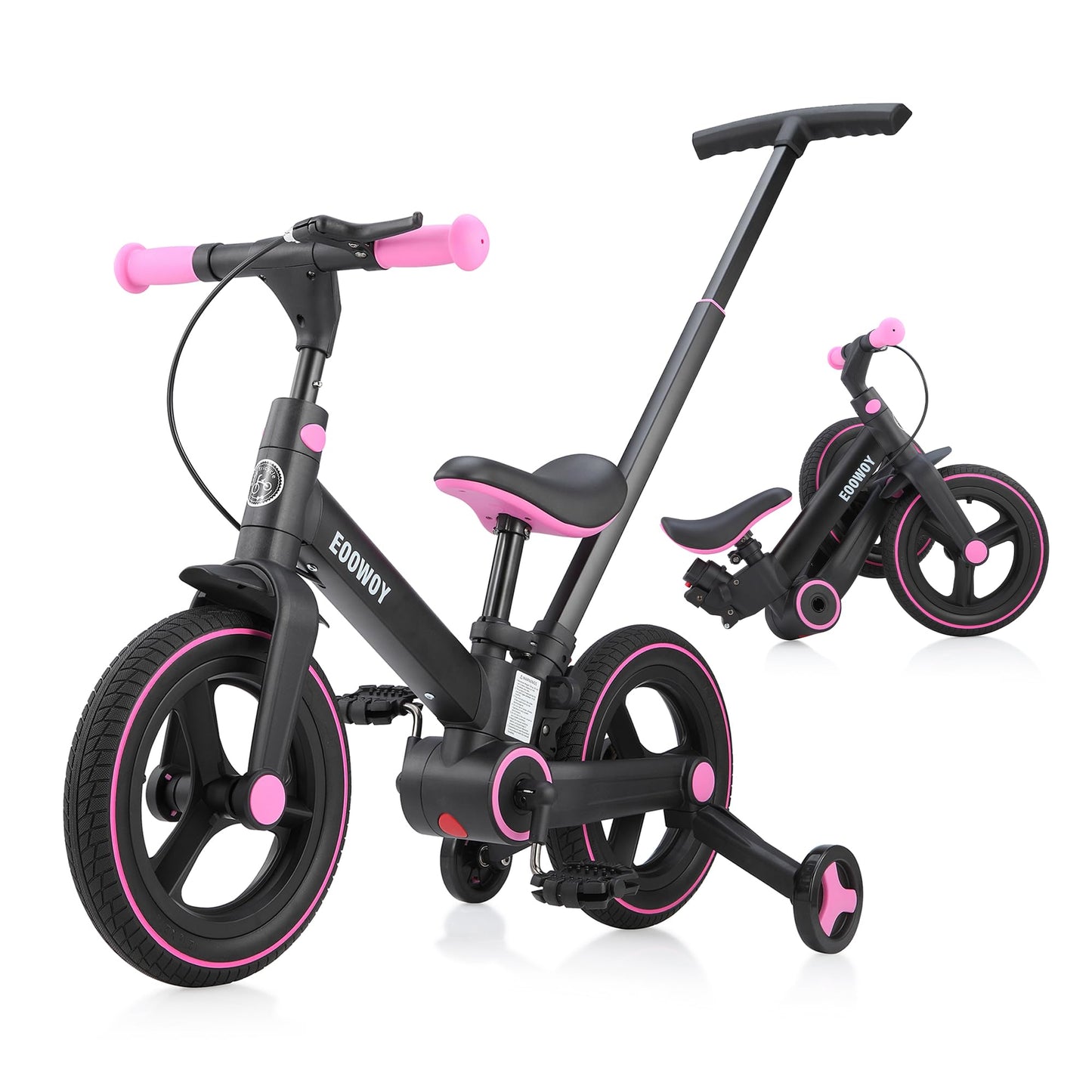 EOOWOY Balance Bike with Push Handle for Kids 1-3 Years, 6 in 1 Foldable Push Bike with Training Wheels & Pedals, Balance Bike f