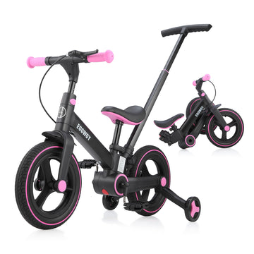 EOOWOY Balance Bike with Push Handle for Kids 1-3 Years, 6 in 1 Foldable Push Bike with Training Wheels & Pedals, Balance Bike f