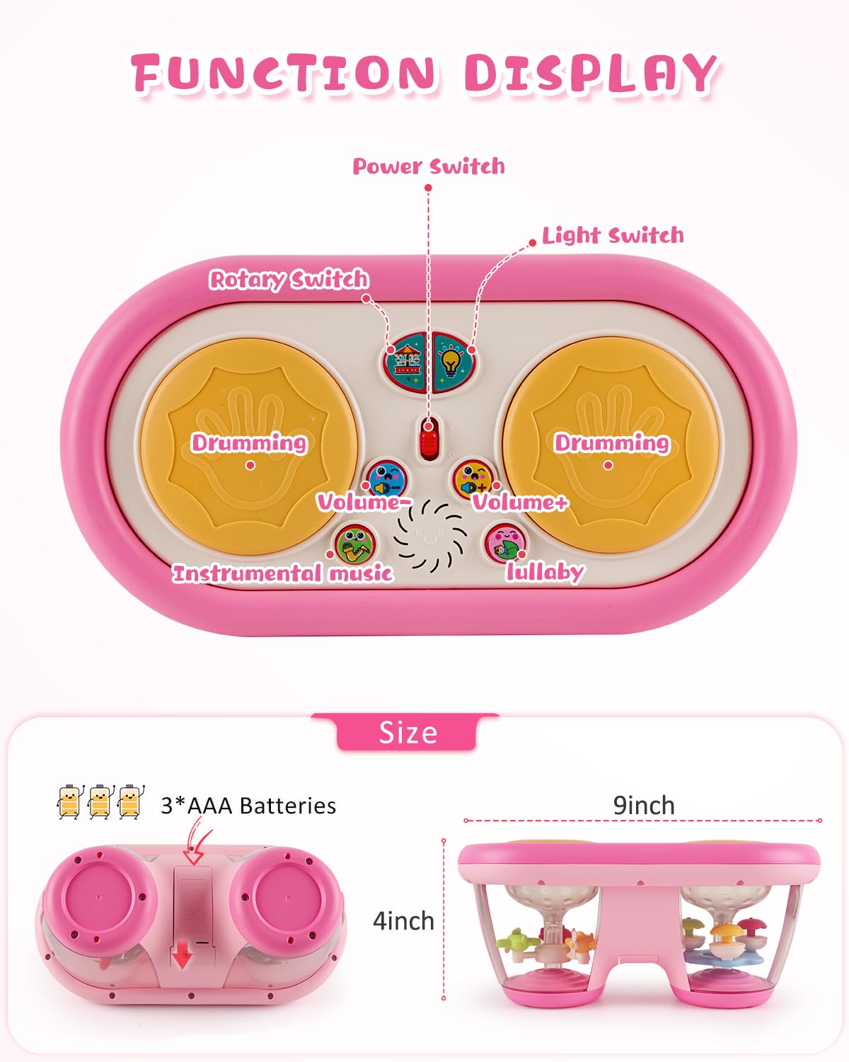 Jhoprcin Baby Toys for 6 to 12 Months: 7 Models Pink Rotating Light Up Drum Musical Instruments for 12-18 Months Kids  Tummy Time Toys for Baby 0-3-6-9 Months  Walker for Boy Girl Gifts