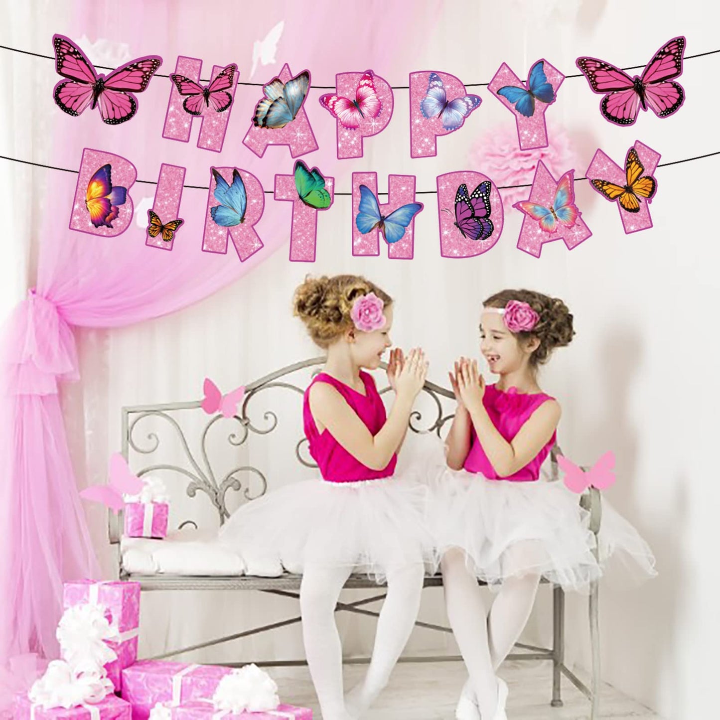 BIEUFBJI Butterfly Birthday Decorations Happy Birthday Banner Decor Fairy Happy Birthday Banner Fairy Garden Birthday Party Supp