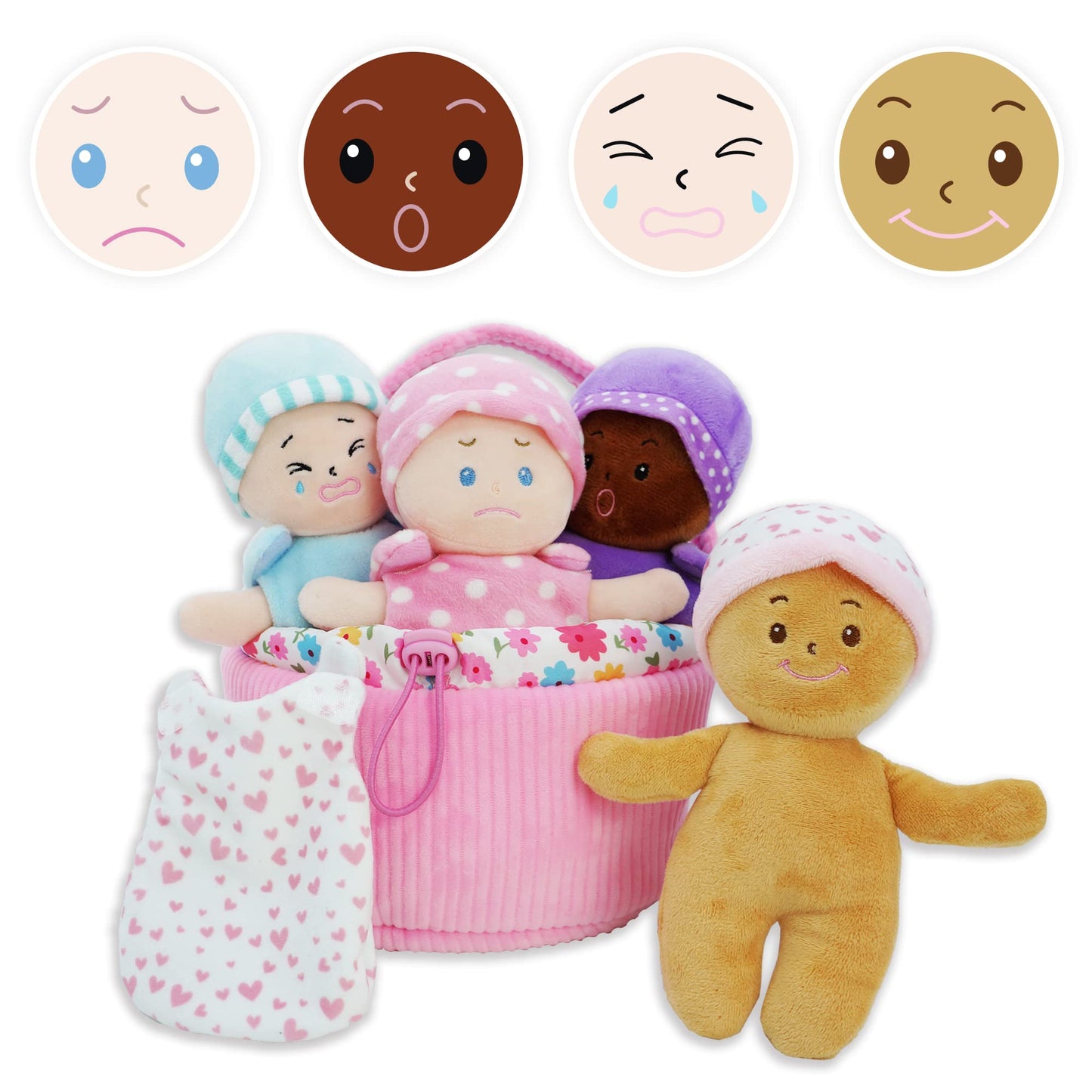 June Garden My First Basket Plush Baby Doll Set - 4 Multicultural Soft Dolls, Skin-Friendly Fabric, for Infants and Toddlers