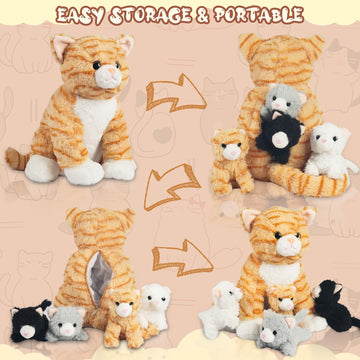 5 Pcs Cat Stuffed Animal With Babies Inside Stuffed Cat Plush Toys Mommy With 4 Plush Kittens Babies In Zippered Belly Cute Stuf