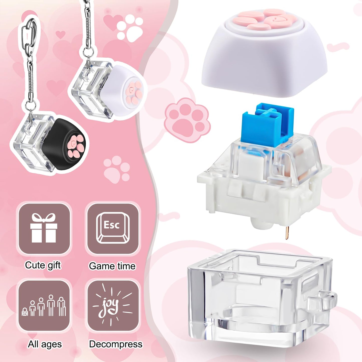 Taiyin Keyboard Toy Clicker Keyboard Fidget Keychain Decompression Toys Button Stress Relief Gifts for mature-themed to Relief Stress Pass the Time(Black  White Dog Paw Style)