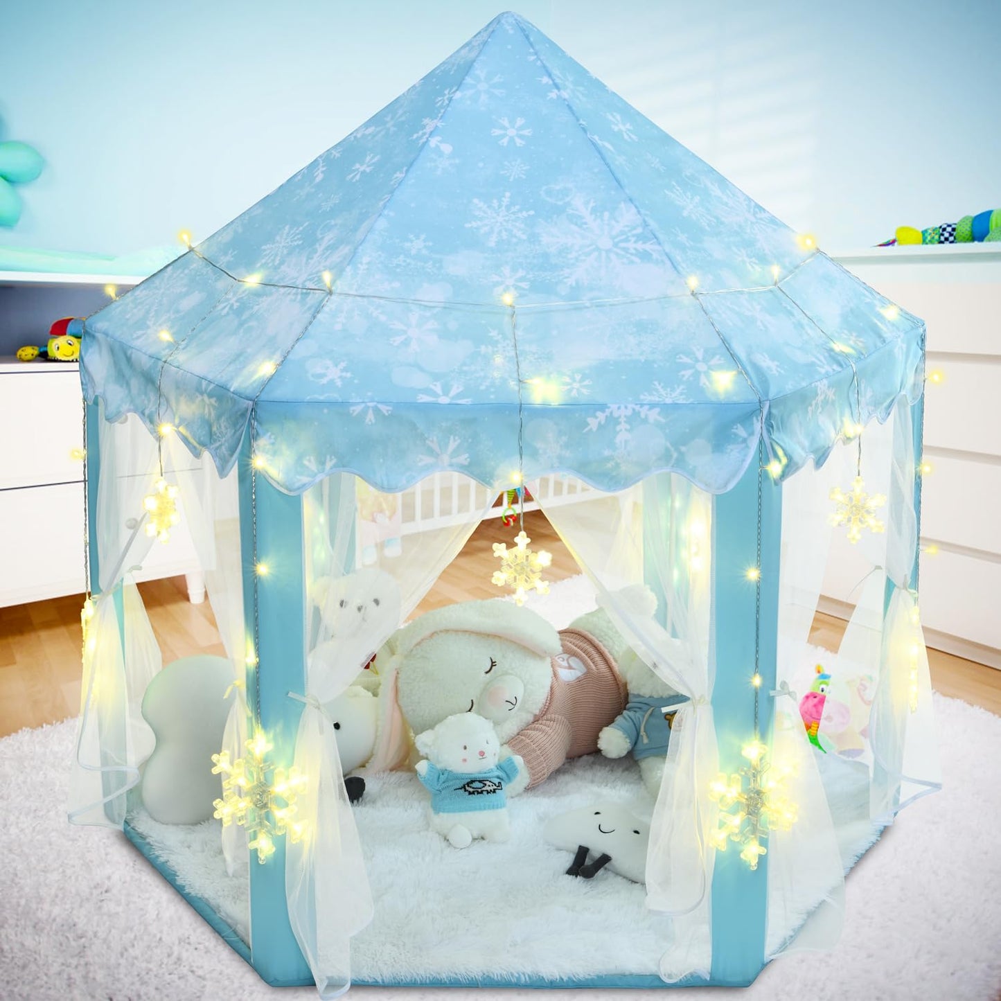 Kixinwa Frozen Princess Tent For Girls, Kids Play Tent With Led Large Snowflake Lights, Castle Playhouse Tent For Children Toddl