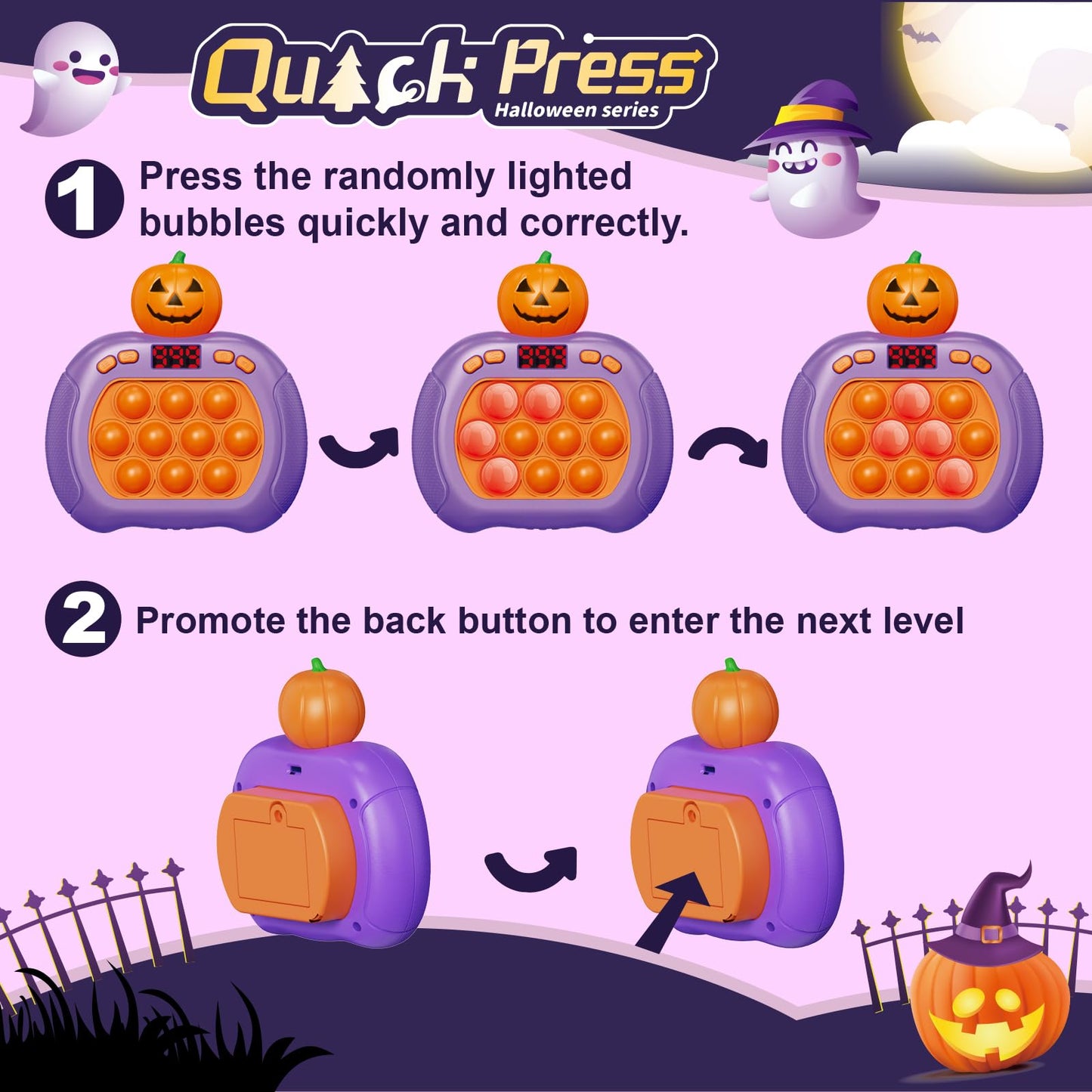 Halloween Pop Push Game Fidget Toys For Kids And Adults, Quick Push Pop Puzzle Handheld Game Light Up Fidget Toy 8-12, Fast Push