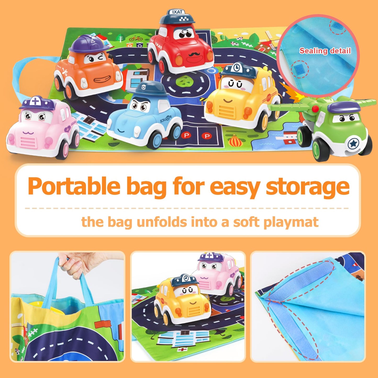 Zmzs Baby Cars For 1 Year Old Boy, Mini Pull Back Trucks For Toddler Age 3, 6 Pcs Infant Friction Powered Push And Pull Vehilces With Playmat Storage Bag, Kids Birthday Gift For 12-18 Months Girls