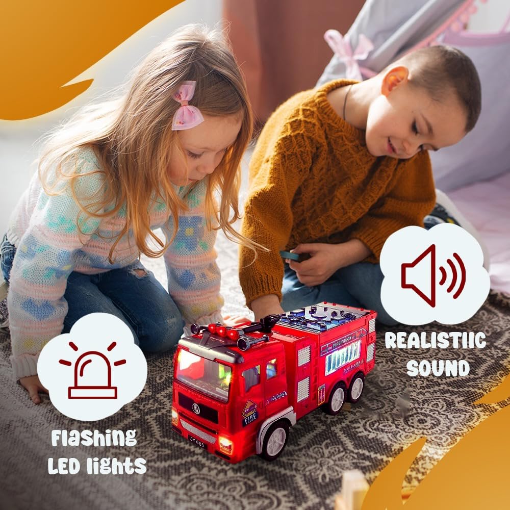 Zetz Brands Fire Truck Toy for Kids - 4D LED Lights, Real Siren Sound, Red, Push Car, Age 3+ - Ideal Birthday Gift