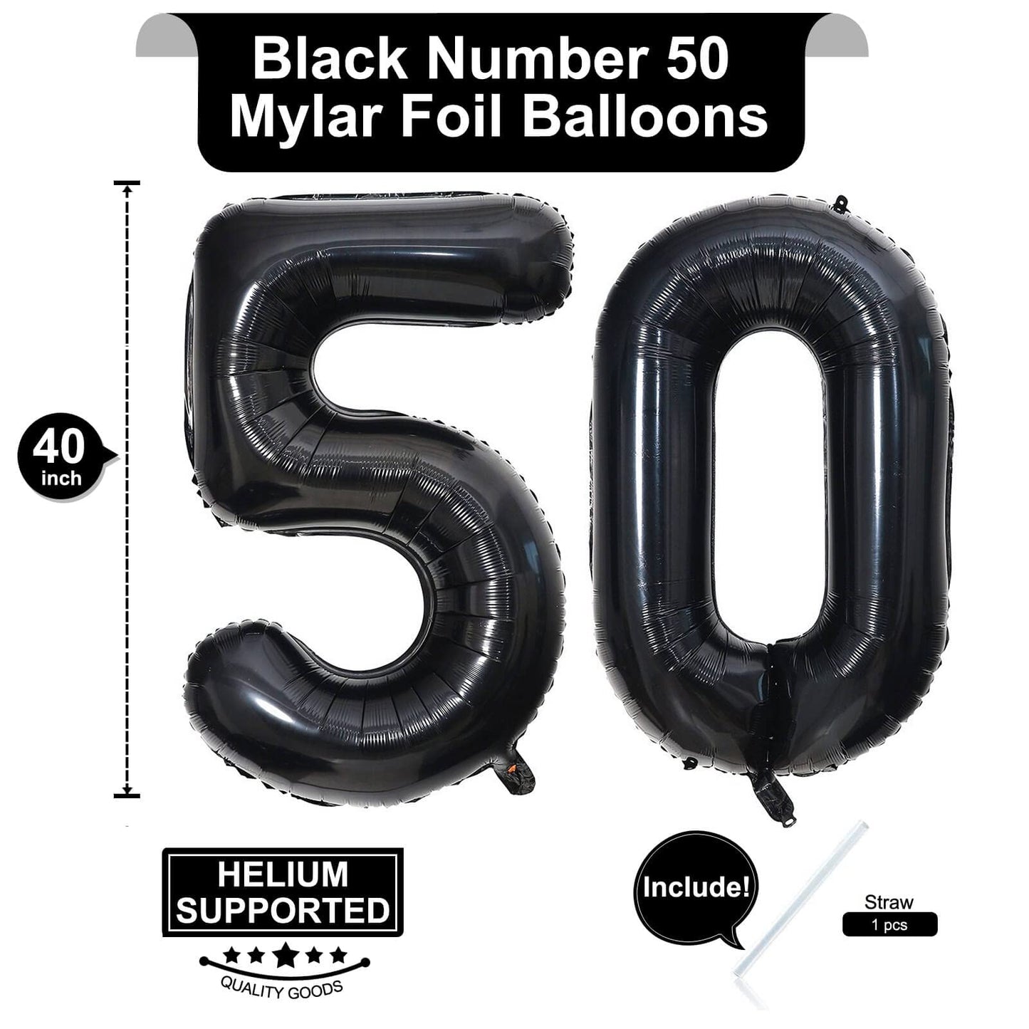 40 Inch Black 50 Number Balloons Giant Jumbo Huge 50 Foil Mylar Helium Number Digital Balloons Black Birthday Mylar Digital Ball