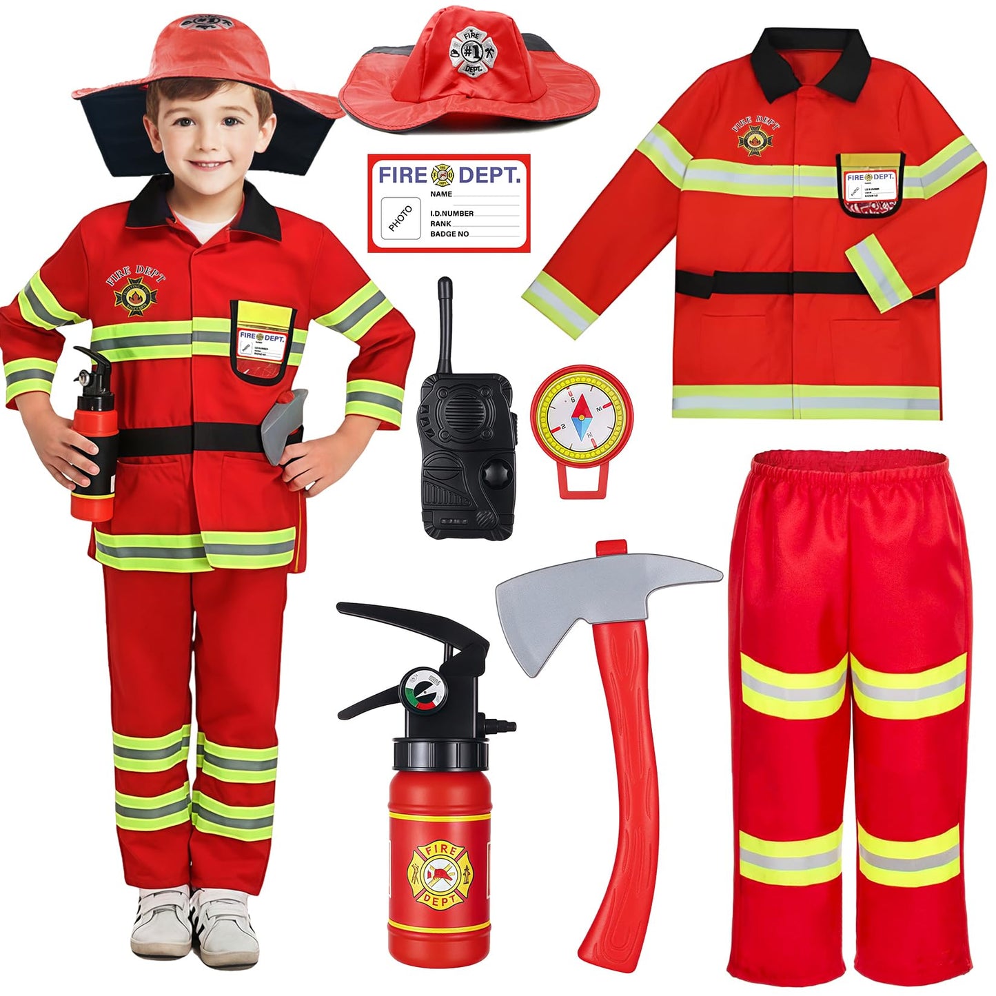 Rizuko Firefighter Costume For Kids With Tool,Fireman Outfit Toys For Boys And Girls Birthday Halloween Party Dress Up 8Pcs (Red
