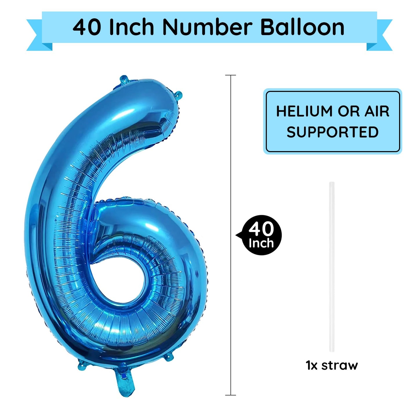 Paticool 40 Inch Blue Number Balloon 6, Large Number Foil Balloons Mylar For Girl Boy Birthday Party Celebration Decorations Sup