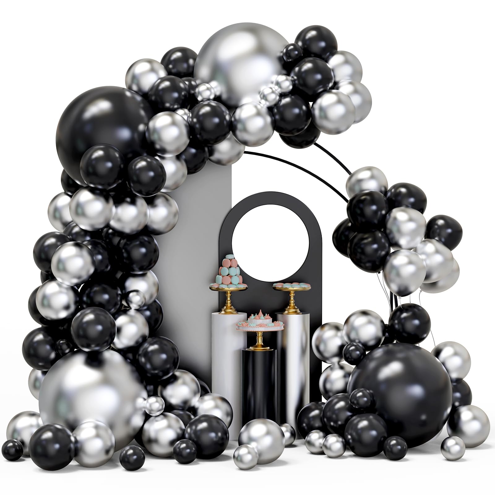 Black And Silver Balloons Arch Garland Kit, 134Pcs Metallic Chrome Silver And Black Balloons With Different Size For Birthday, G