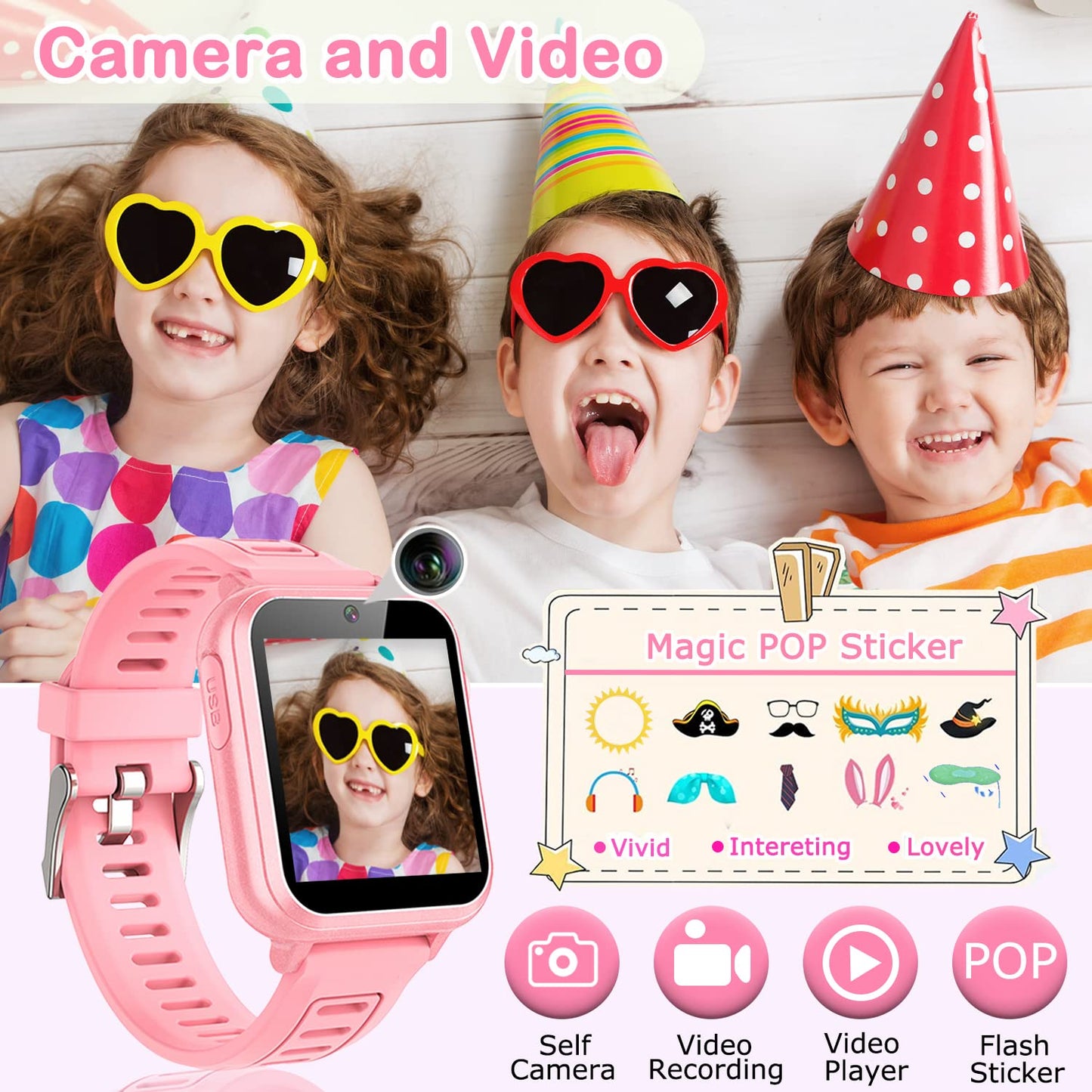 Cosjoype Kids Smart Watch for Girls 6-12, HD Touch Screen, 24 Puzzle Games, Video Camera, Music Player, Model S16