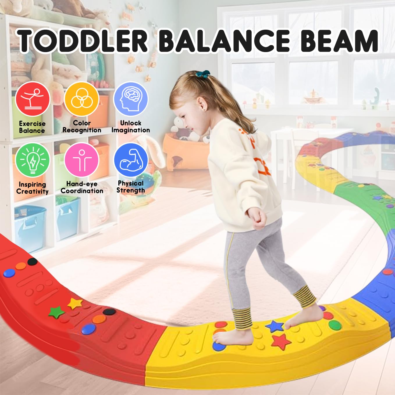 Mocuteen Kids Balance Beam Toddler Stepping Stones Max Load 220Lbs 8 Pcs Non-Slip Textured Surface & Rubber Pads Bottom Promote Agility Coordination Five Star Pattern