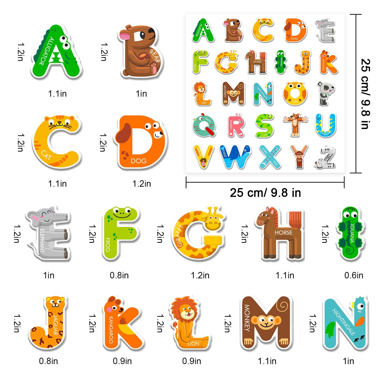 Whaline 52Pcs Alphabet Gel Clings - Colorful Animal ABC Window Decals for Educational Learning & Nursery Decor
