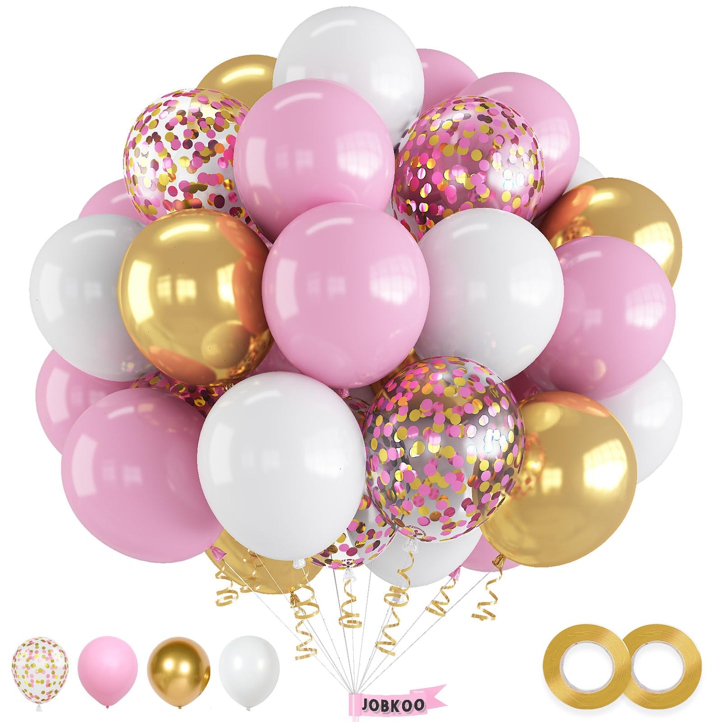 Pink And Gold Balloons, 60 Psc Light Pink And White Balloons With Pink Gold Confetti Metallic Gold Balloons, 12 Inch Pastel Baby
