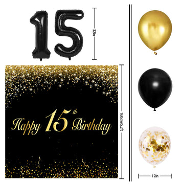 Happy 15Th Birthday Balloons Black Set Decor - Cheers To 15 Years Old Party Theme Garland Banner Backdrop Decorations For Boy An