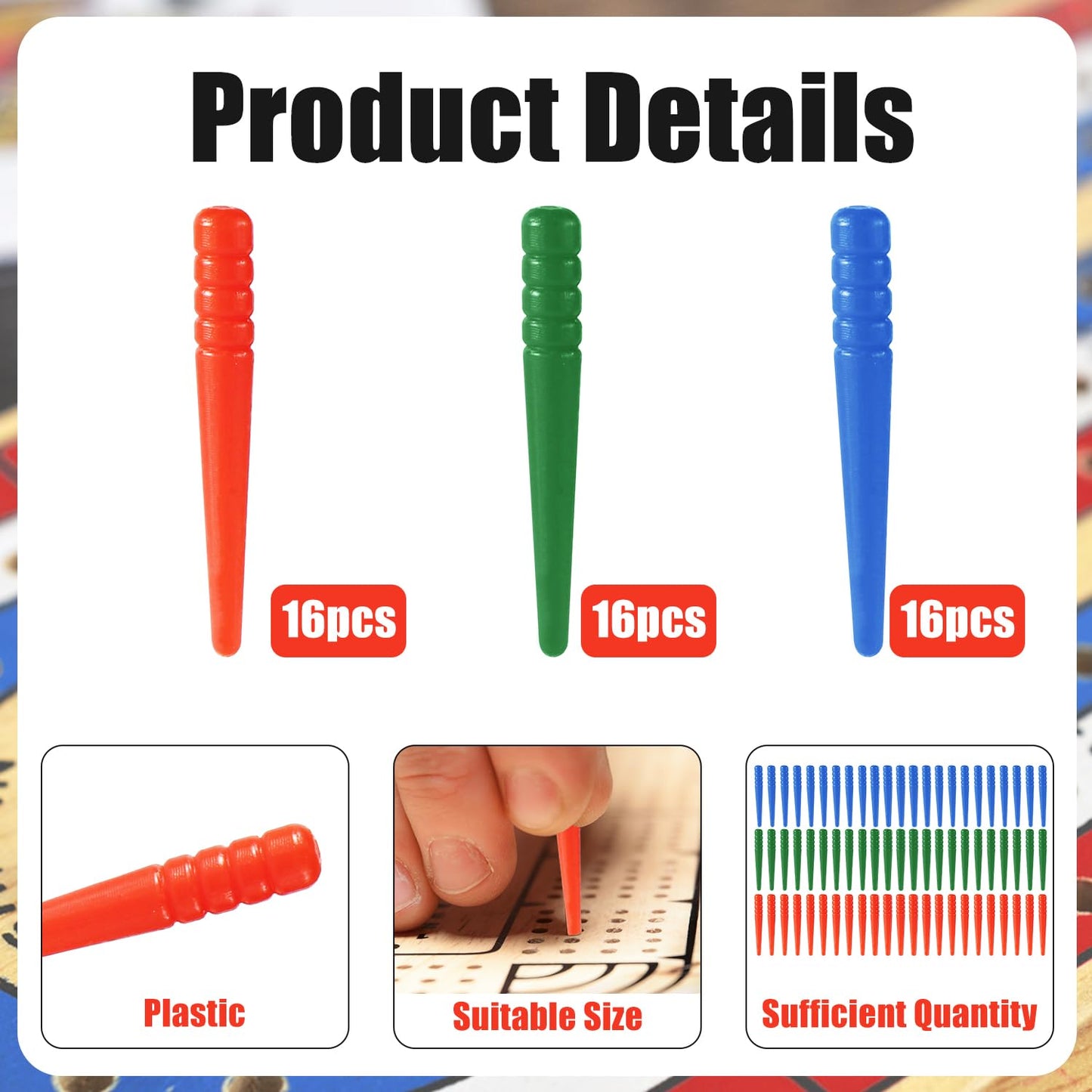 48Pcs Cribbage Board Pegs, Plastic Cribbage Pegs Fit 1/8 Holes Peg Board Game Traditional Cribbage Board Pins Cribbage Board Game Accessories (Red, Blue, Green)