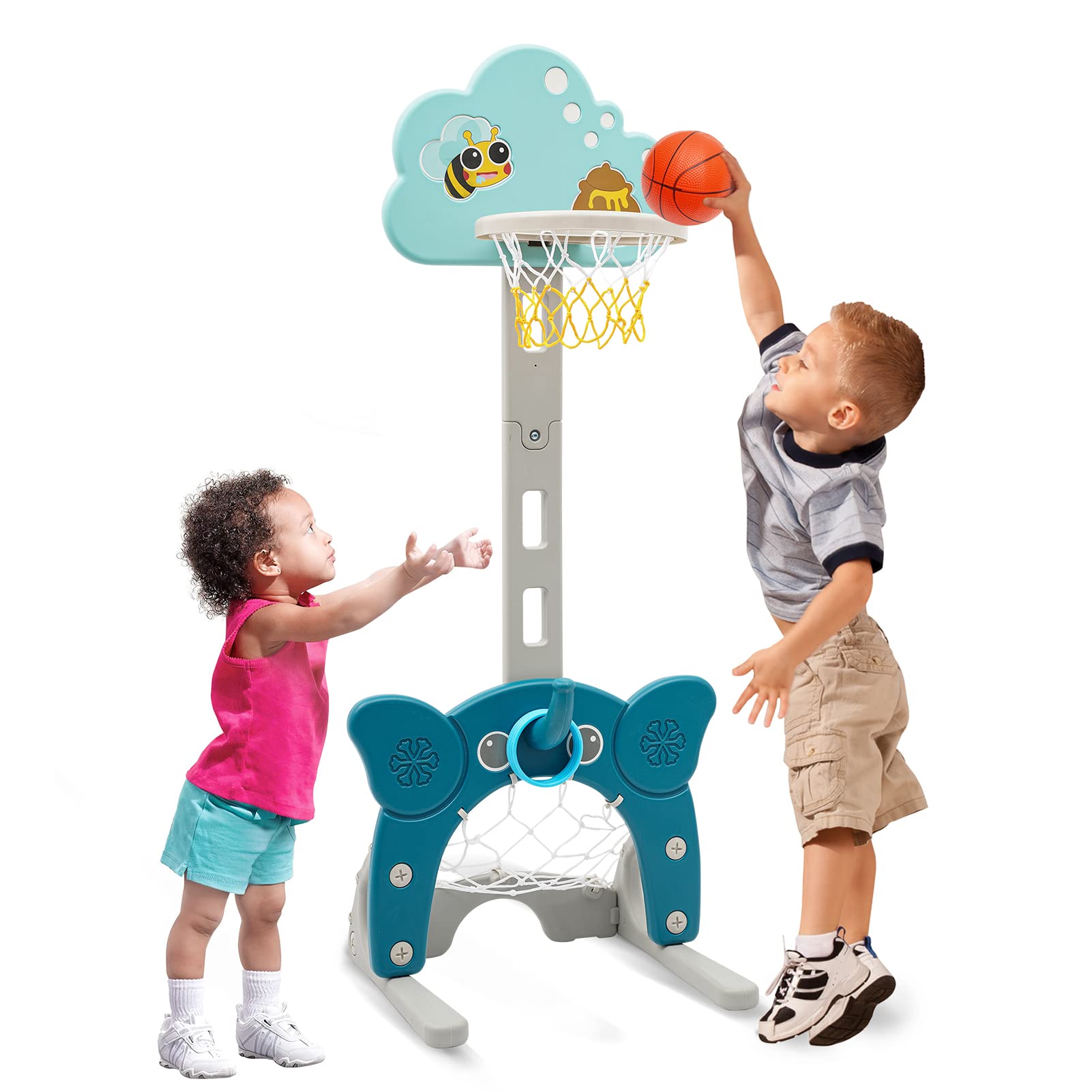 4-In-1 Toddler Basketball Hoop, Adjustable Height Kids Basketball Hoop With Soccer Goal Ring Toss Golf Play Set, Basketball Hoop