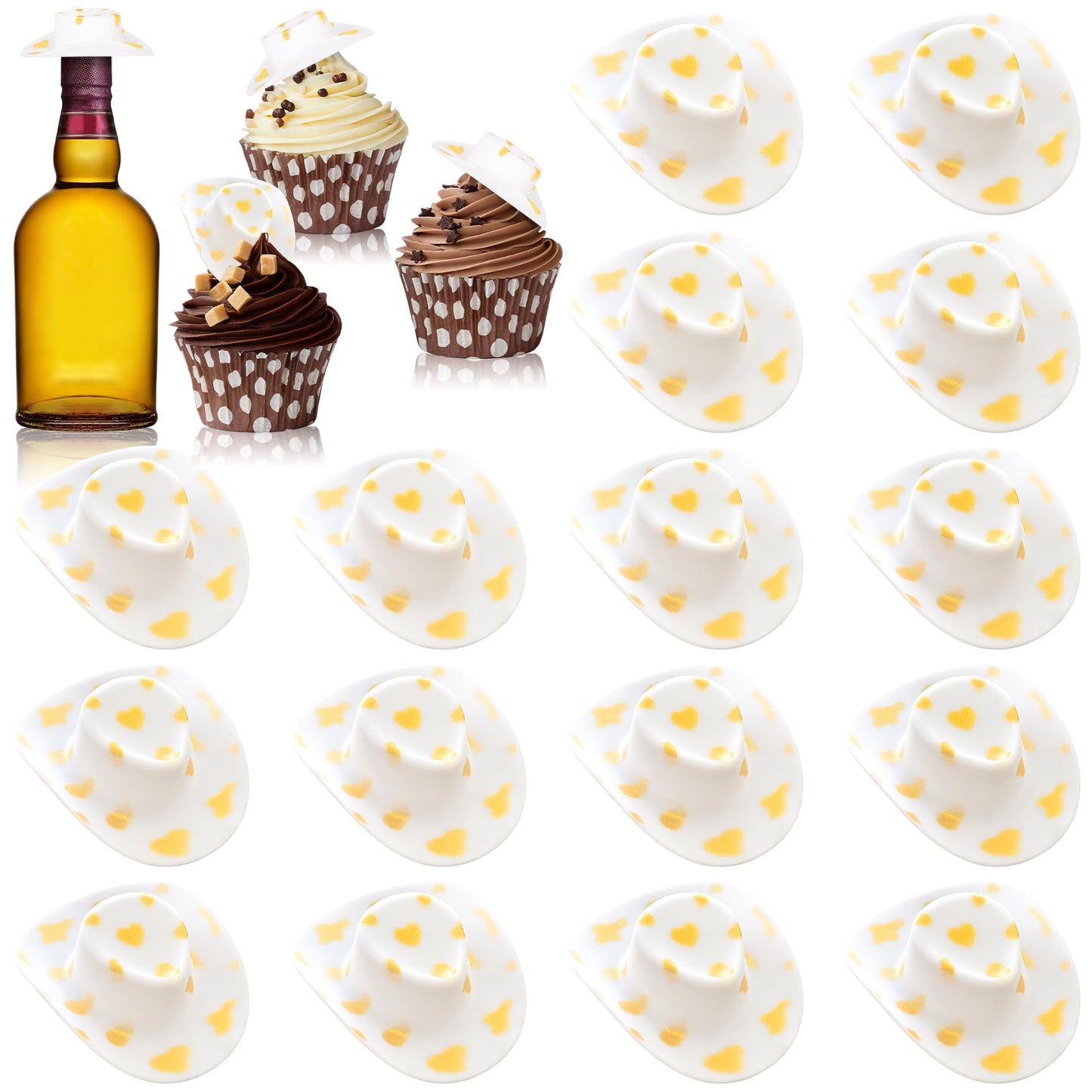 Yuronam 30 Pcs Plastic Mini Western Cowboy Cowgirl Hats Miniature Hats for Crafts,Party,Dollhouse Decoration (White with Gold Sp