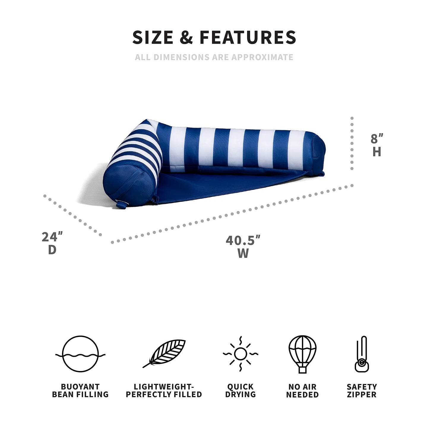 Big Joe Noodle Sling No Inflation Needed Pool Seat With Armrests, Americana Nautical Stripe Double Sided Mesh, Quick Draining Fabric, 3 Feet