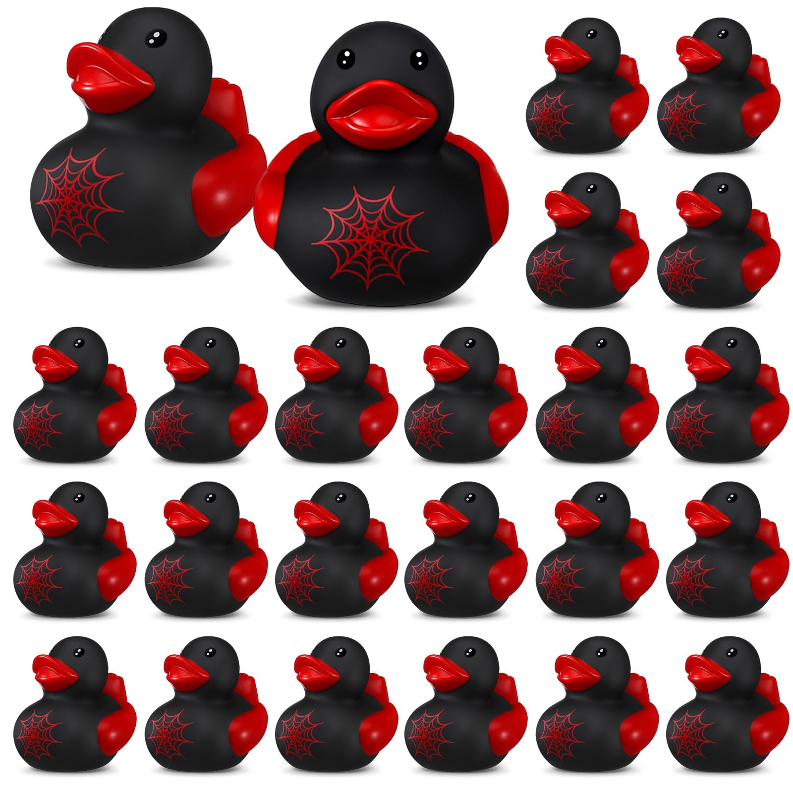Leyndo 24 Pcs Christmas Spiderweb Rubber Duck Bulk Spiderweb Birthday Party Decoration Favors Squeaky Red Black Rubber Duck for Bathtub Floating Pool Gifts Party Supplies