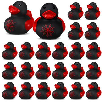 Leyndo 24 Pcs Christmas Spiderweb Rubber Duck Bulk Spiderweb Birthday Party Decoration Favors Squeaky Red Black Rubber Duck for Bathtub Floating Pool Gifts Party Supplies