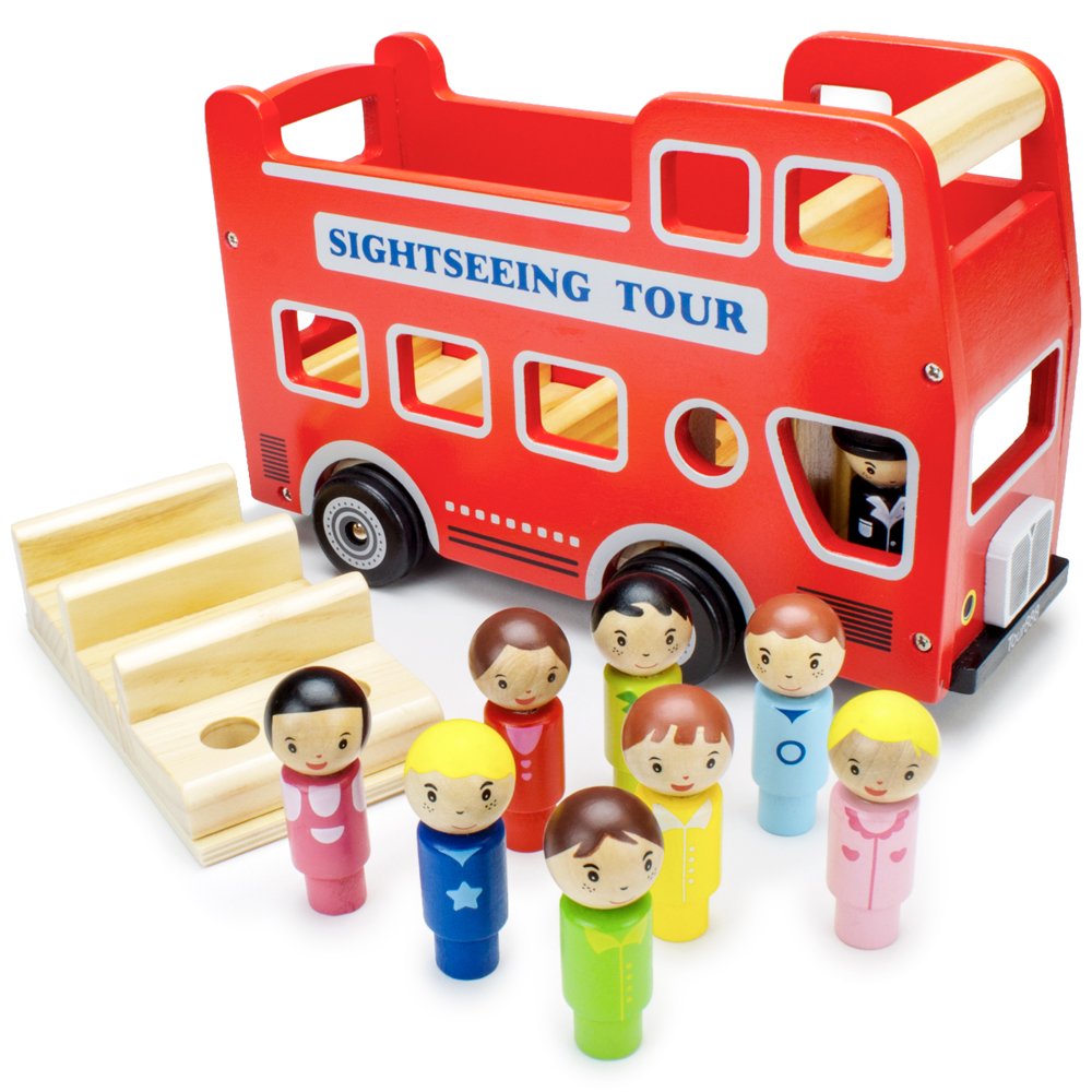 Imagination Generation Wooden Double Decker Bus - Natural Beechwood Cars for Kids 12+ Months, Red