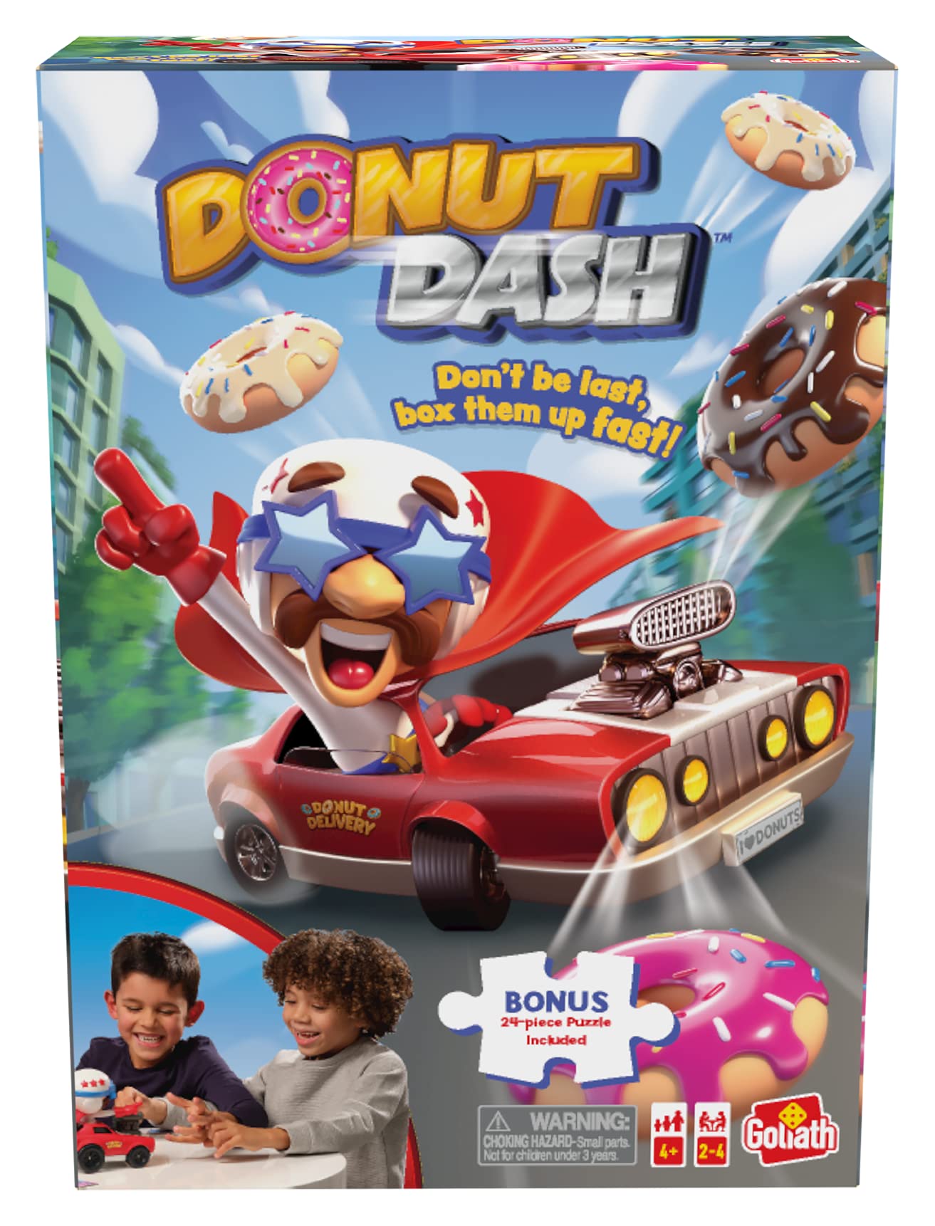 Goliath Donut Dash Game w/ 24pc Puzzle - Race to Pick Up Matching Donuts  Racecar Does Real Donuts On Table Or Hard Floor - Includes 24-Piece Puzzle