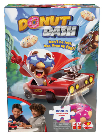 Goliath Donut Dash Game w/ 24pc Puzzle - Race to Pick Up Matching Donuts  Racecar Does Real Donuts On Table Or Hard Floor - Includes 24-Piece Puzzle