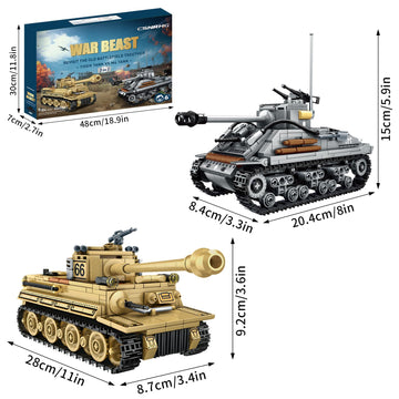 WW2 2 in 1 Army Tank Building Blocks Kit Create an American M4 Sherman & a German Tiger Tank Military Toy Sets Birthday for Age