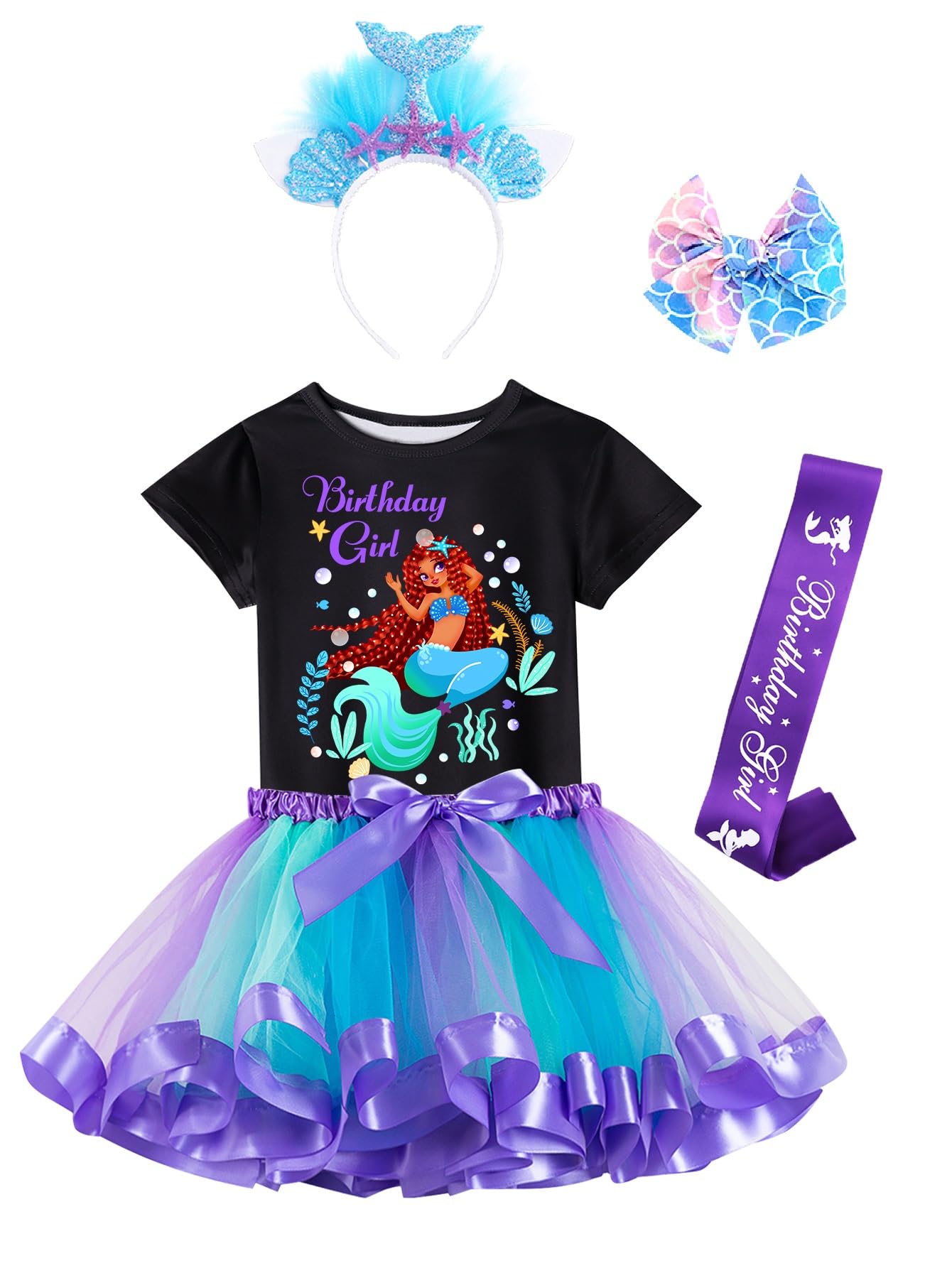 Doctor Unicorn Birthday Girls Mermaid Outfit Set Costume Tutu Skirt Dress, Mermaid Birthday Shirt, Headband & Satin Sash (Black-1, 10-11 Years)