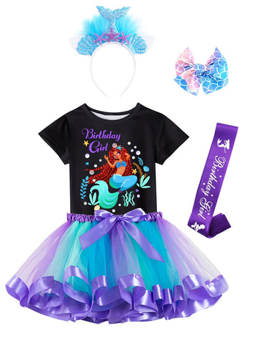Doctor Unicorn Birthday Girls Mermaid Outfit Set Costume Tutu Skirt Dress, Mermaid Birthday Shirt, Headband & Satin Sash (Black-1, 5-6 Years)