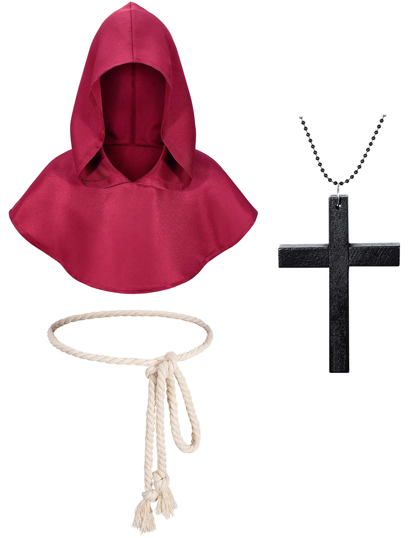 Kids Medieval Renaissance Monk Costume Priest Friar Wizard Cloak Hooded Robe Cosplay Costume Belt Necklace Set(Rd 110)