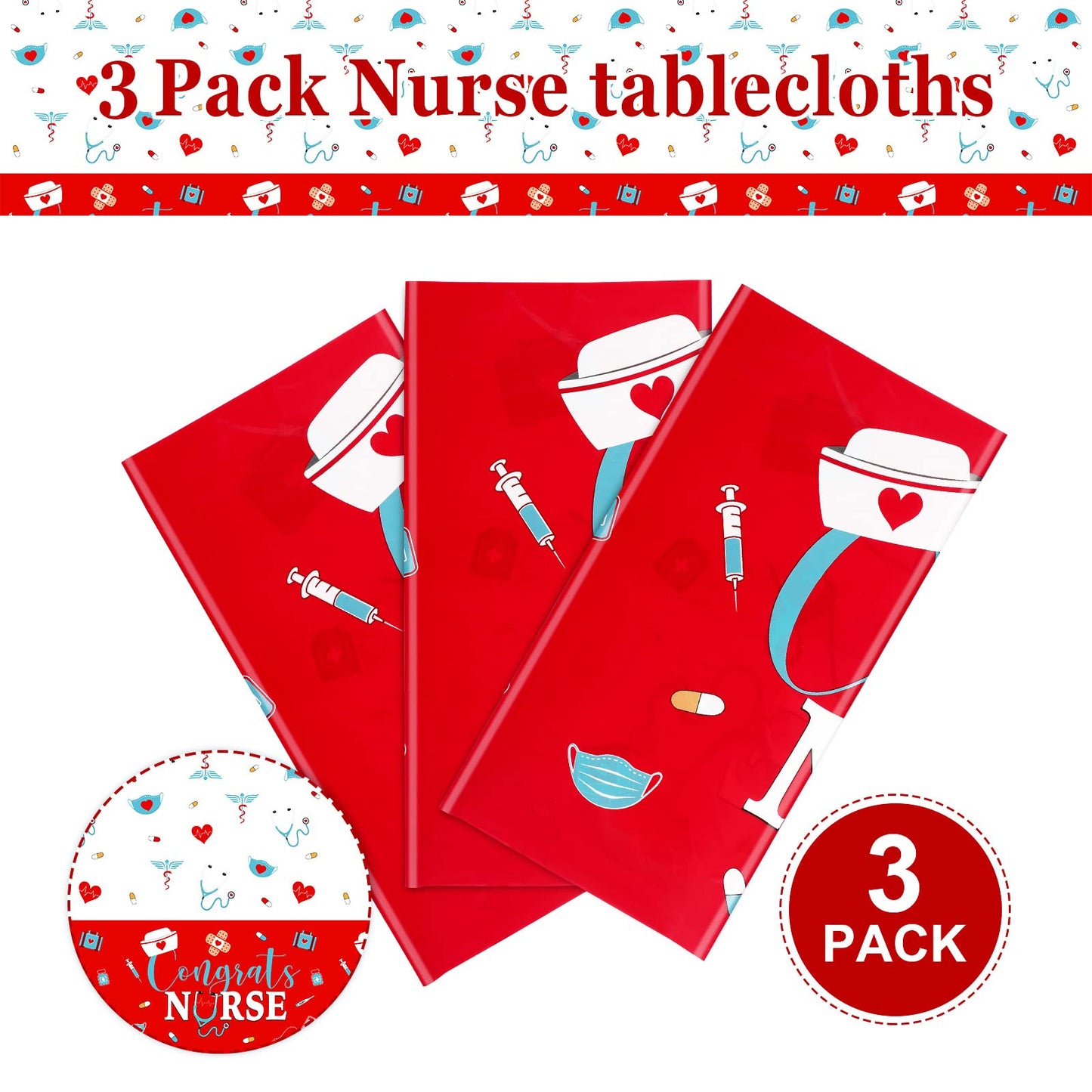 Moukeren 3 Pieces Nurse Graduation Tablecloth Plastic Congrats Table Covers Red White Nurse Grad Table Cloth for Graduation Part