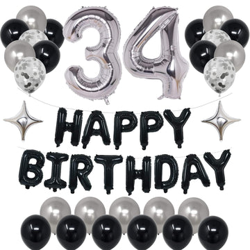 Naninuneno 34Th Black Silver Birthday Party Decorations For Men Women, Happy 34 Birthday Party Supplies With Black Happy Birthda