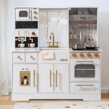 Robud Wooden Play Kitchen Set For Kids, Pretend Toy Kitchen With Ice Maker, Coffee Machine, Oven, Microwave, Cabinet, Utensils, 